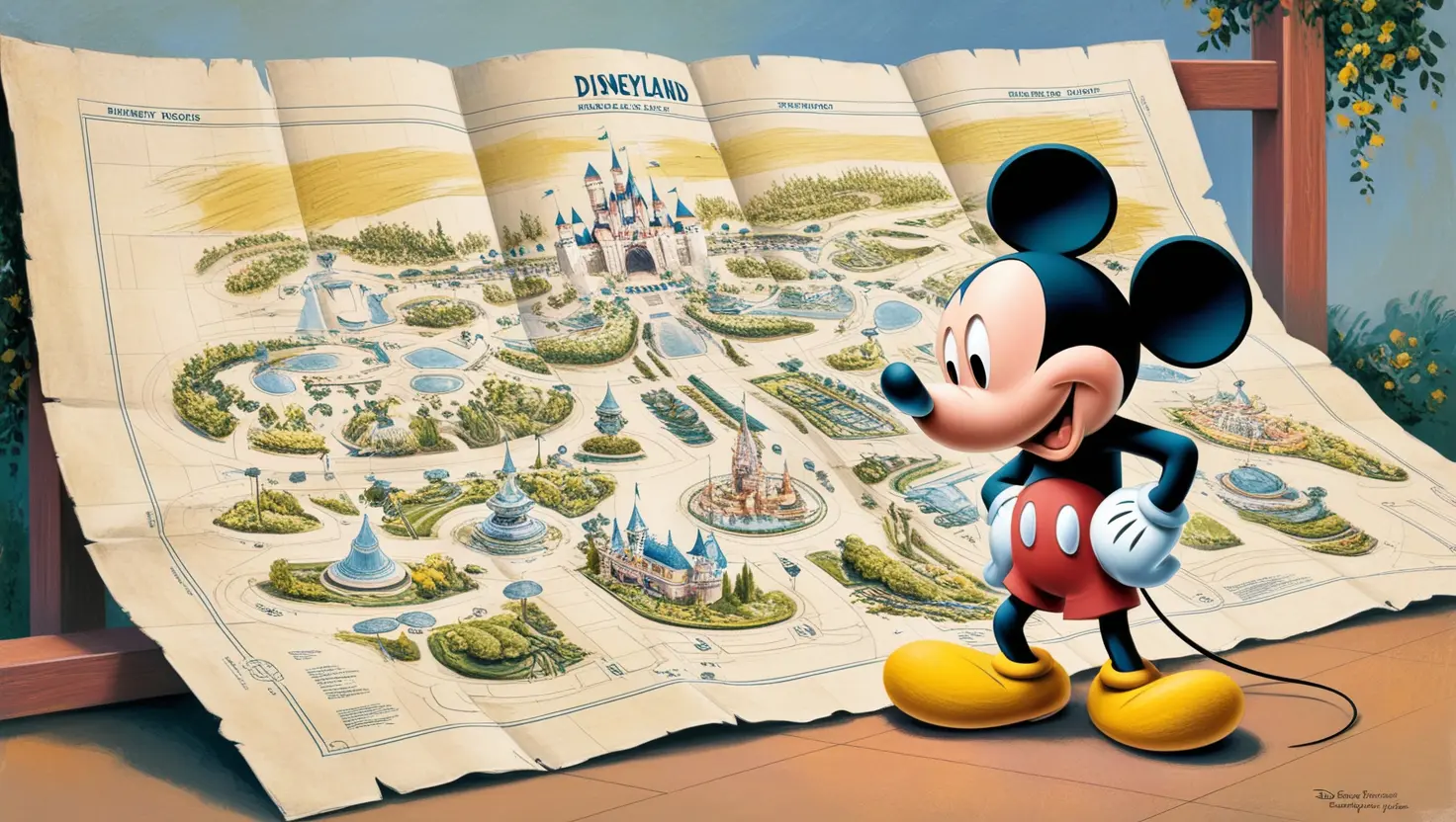 Mickey Mouse looking at theme park map.